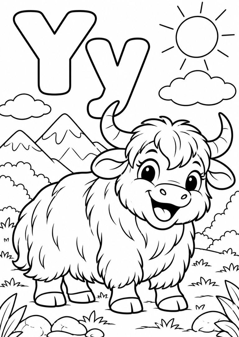 Letra Y mayúscula y minúscula para colorear con un yak