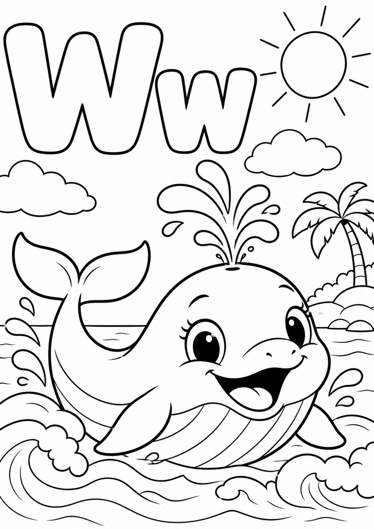 Letra W mayúscula y minúscula para colorear con una ballena