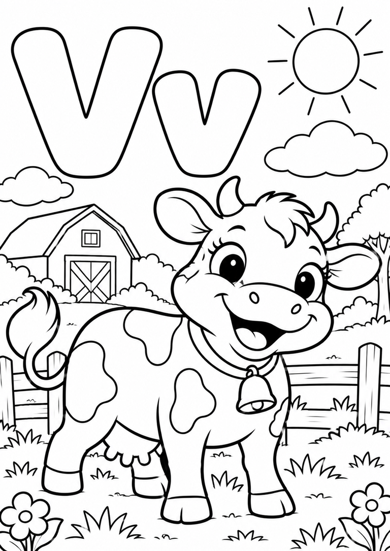 Letra V mayúscula y minúscula para colorear con una vaca