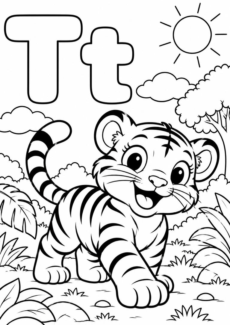 Letra T mayúscula y minúscula para colorear con un tigre