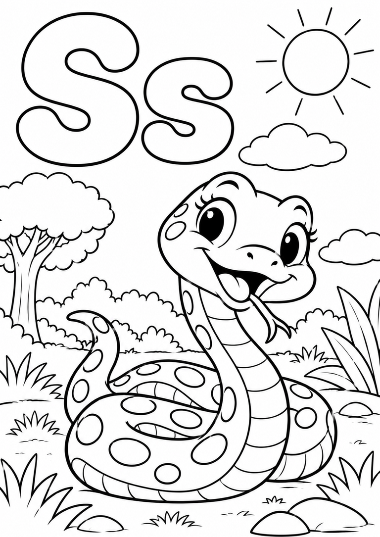 Letra S mayúscula y minúscula para colorear con una serpiente