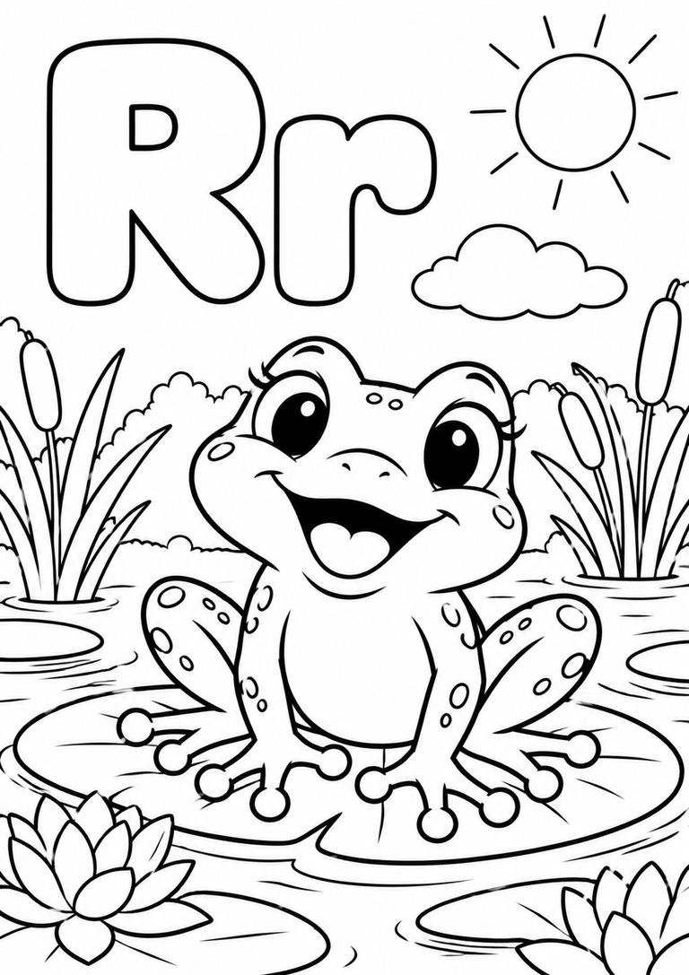 Letra R mayúscula y minúscula para colorear con una rana
