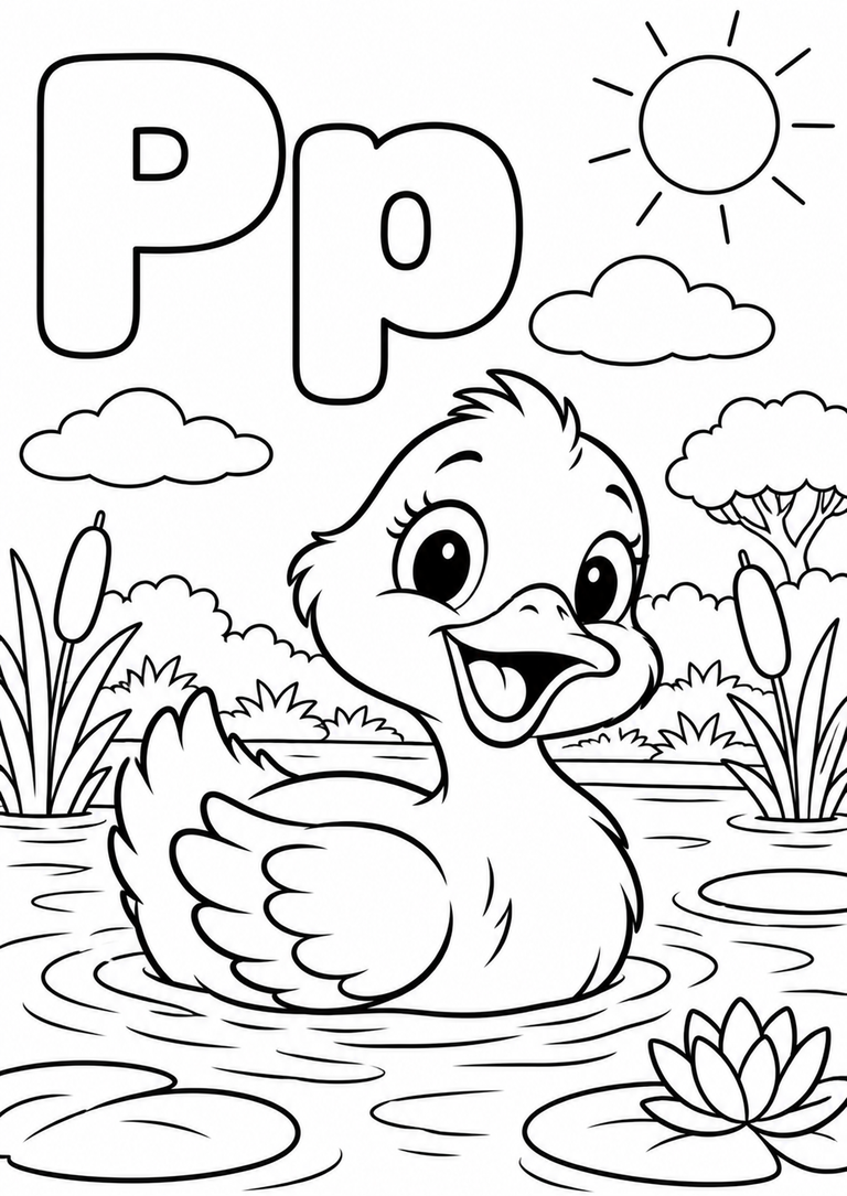 Letra P mayúscula y minúscula para colorear con un pato