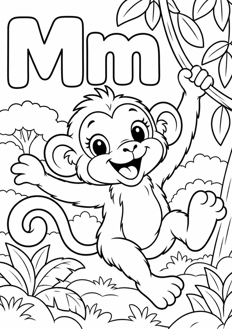 Letra M mayúscula y minúscula para colorear con un mono