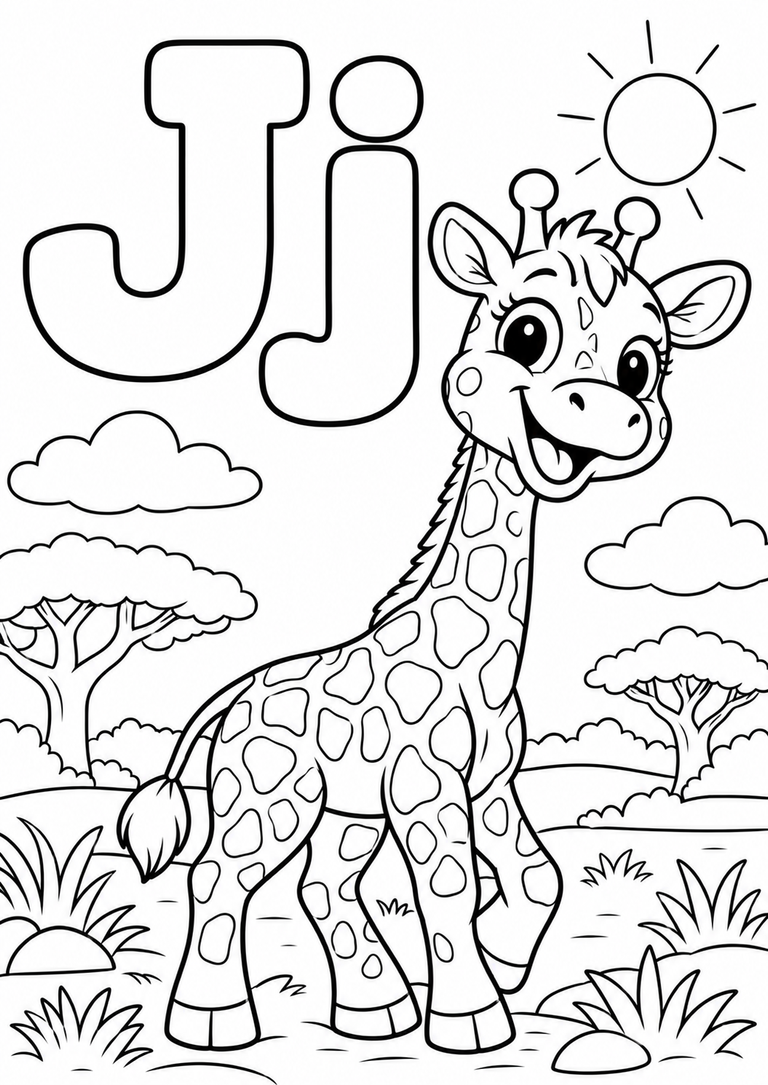 Letra J mayúscula y minúscula para colorear con una jirafa