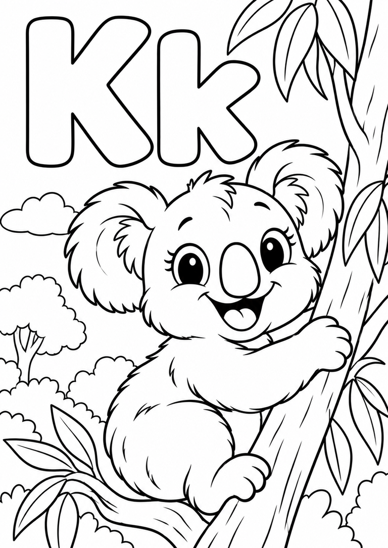 Letra K mayúscula y minúscula para colorear con un koala