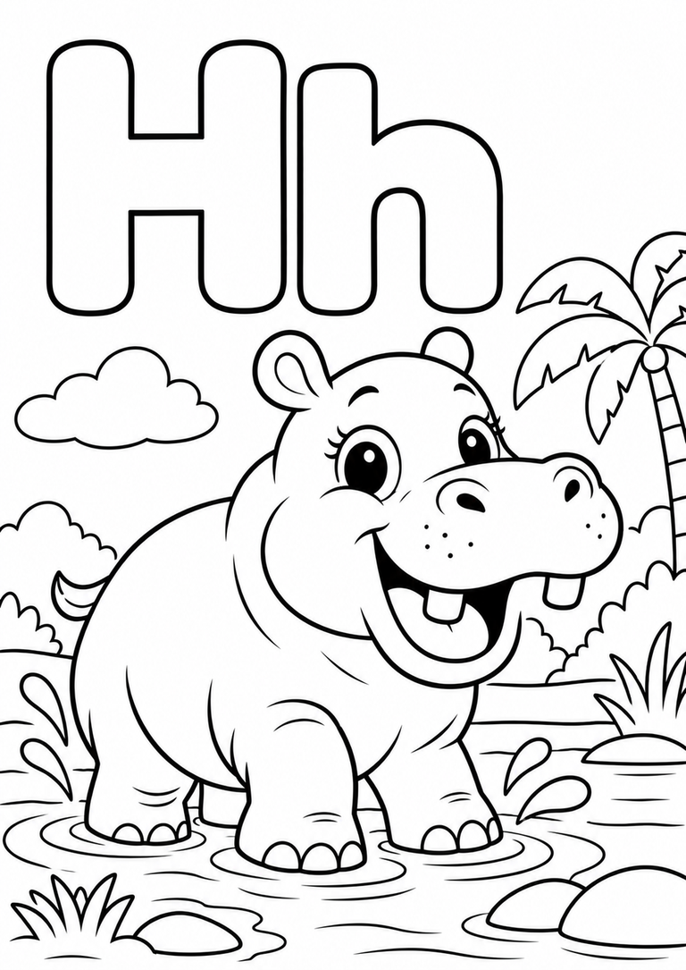 Letra H mayúscula y minúscula para colorear con un hipopótamo