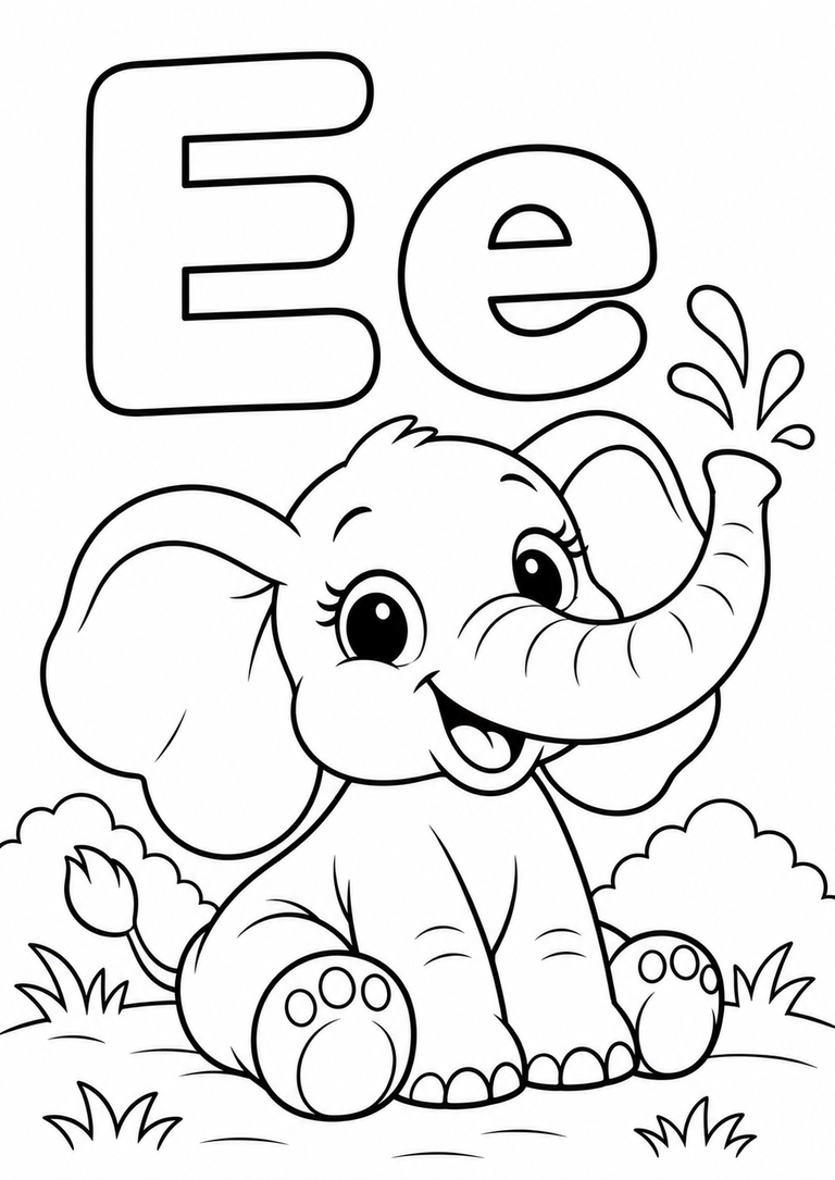 Letra E mayúscula y minúscula para colorear con un elefante