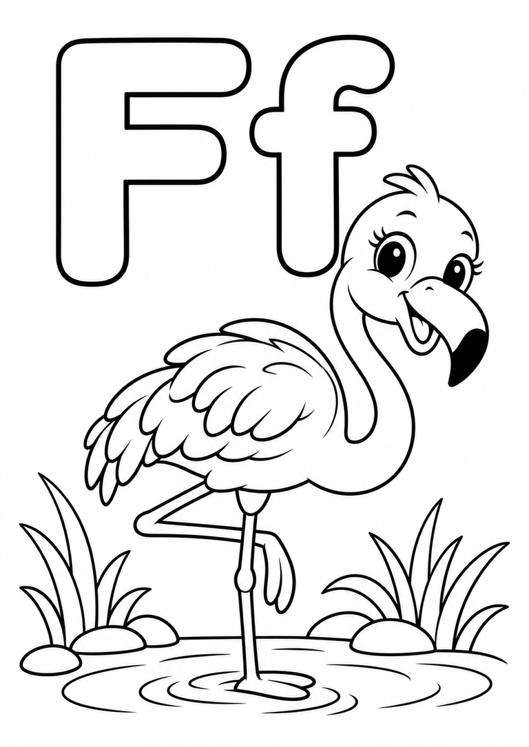 Letra F mayúscula y minúscula para colorear con un flamenco