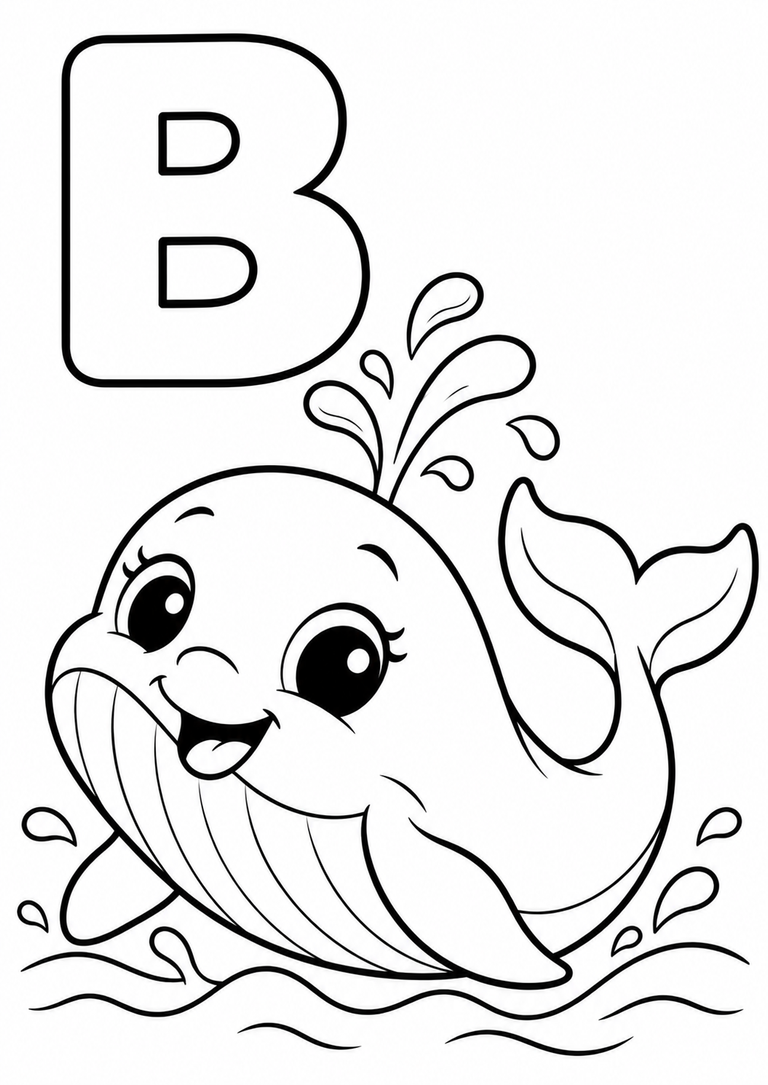 Letra B mayúscula para colorear con una ballena