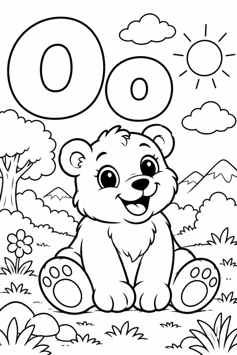 Letra O mayúscula y minúscula para colorear con un oso