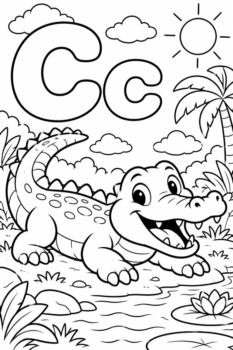 Letra C mayúscula y minúscula para colorear con un cocodrilo