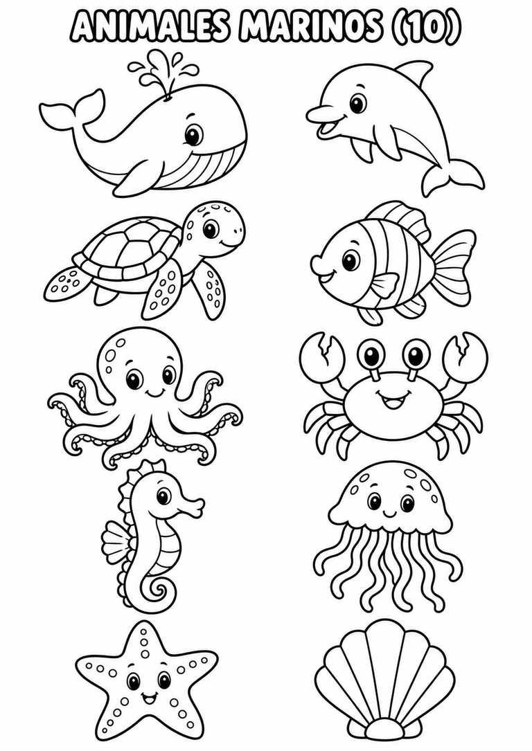 Lámina con diez animales marinos para colorear e imprimir