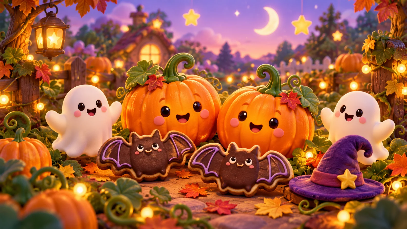 Calabazas sonrientes, fantasmas simpáticos y galletas de murciélago en un jardín de Halloween